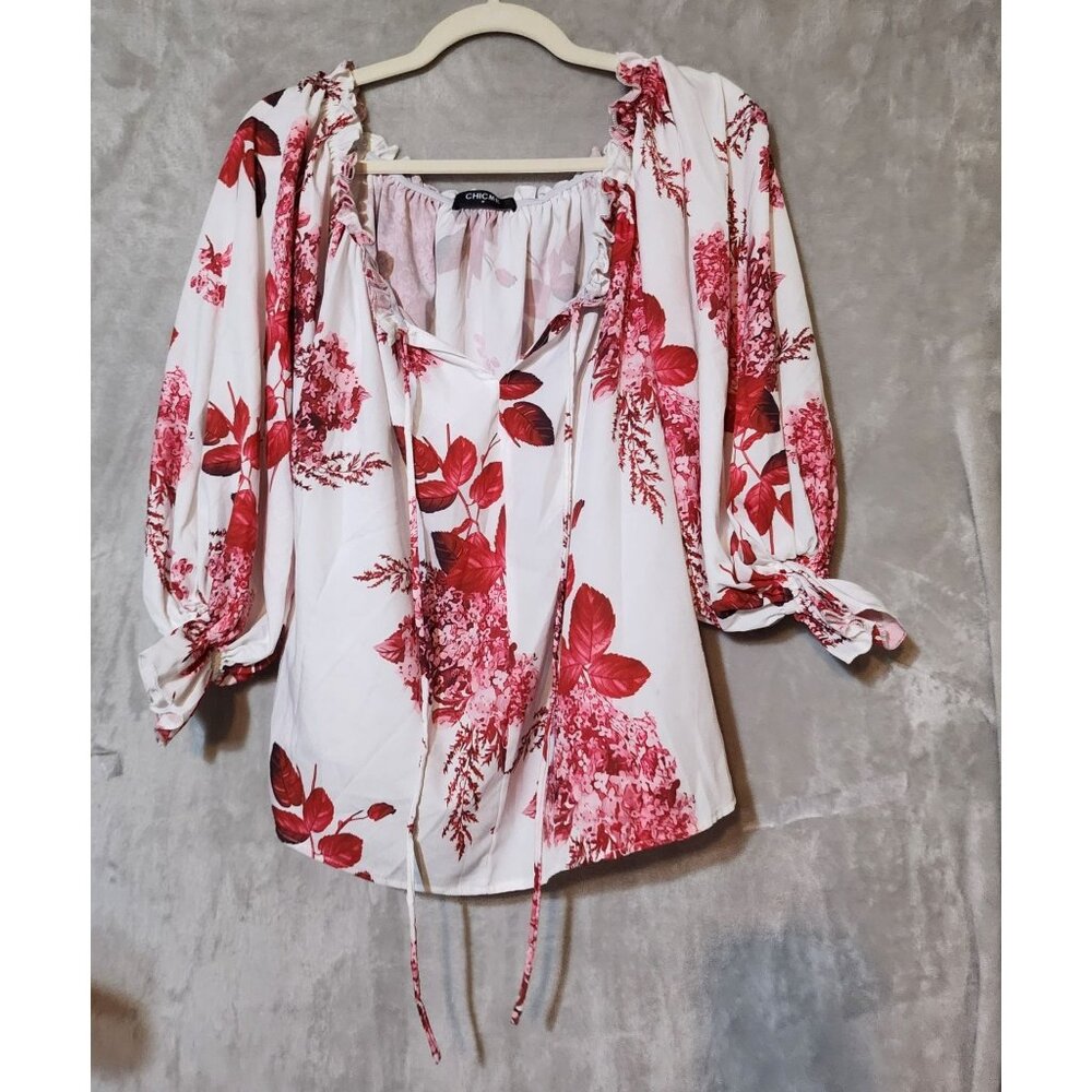 ChicMe Bloody Red floral Off-Shoulder Puff Sleeve Blouse - Chic & Boho‎ Style M - Picture 2 of 5